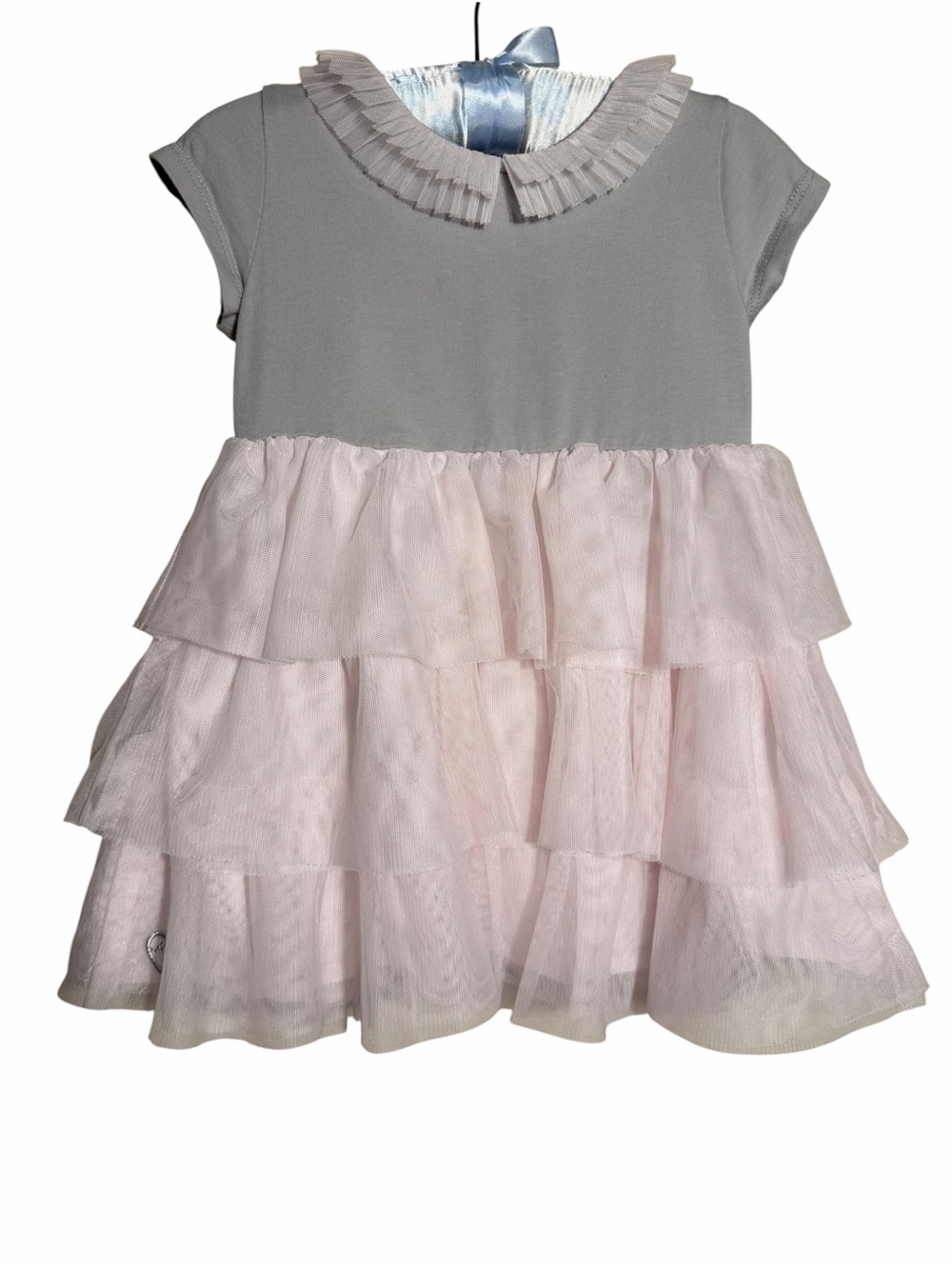 Girls Tiered Tulle Party Dress with Ruffled Collar Gray & Light Pink